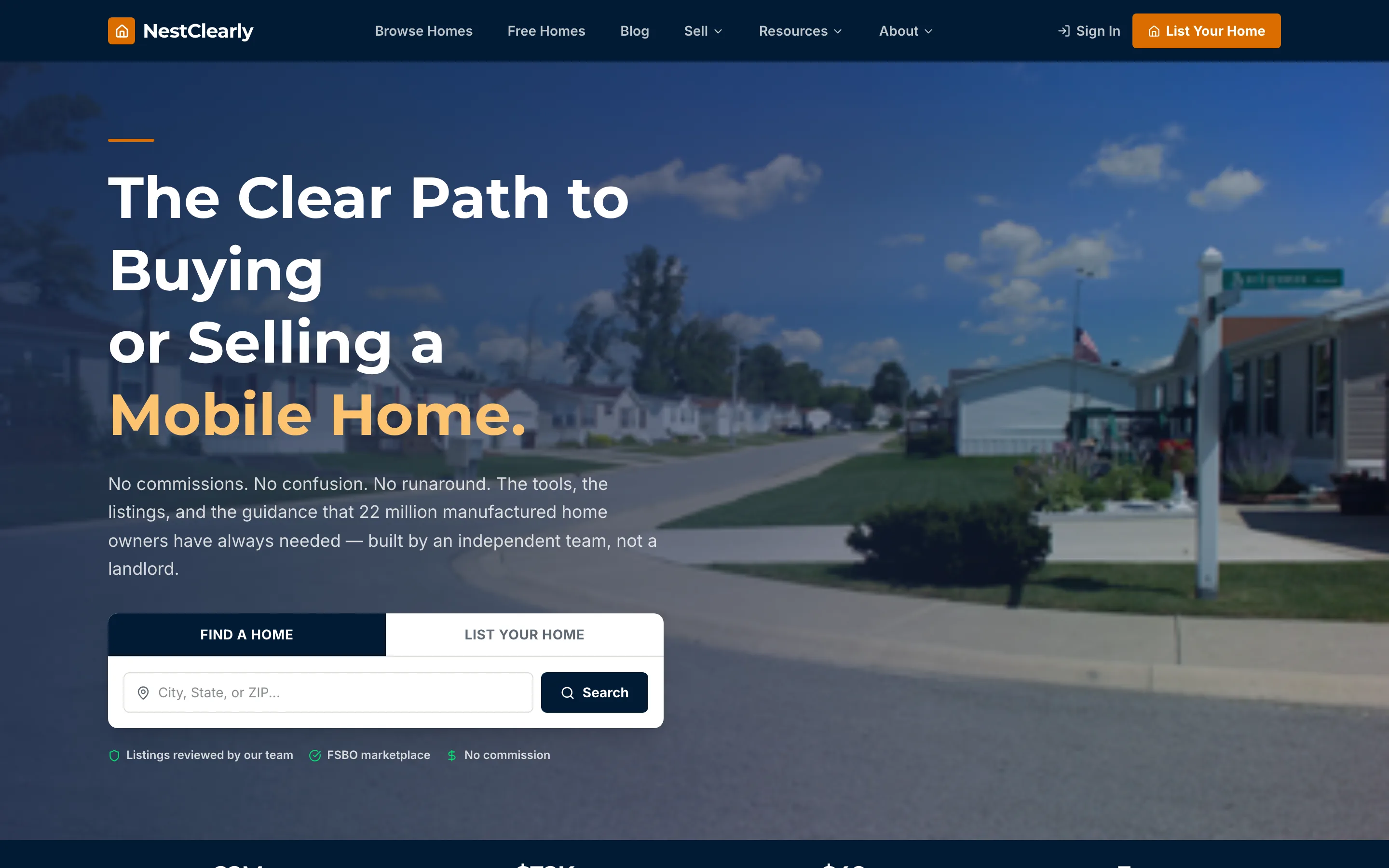 NestClearly homepage, an independent marketplace for buying and selling manufactured homes